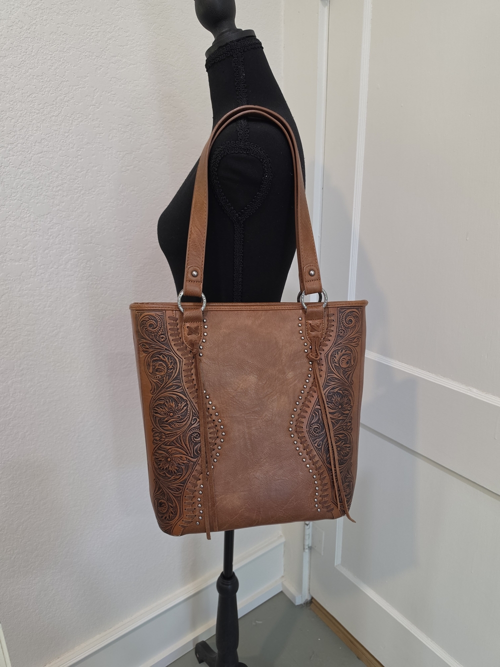 Trinity Ranch Brown Tooled Tote Bag with Stud Accents